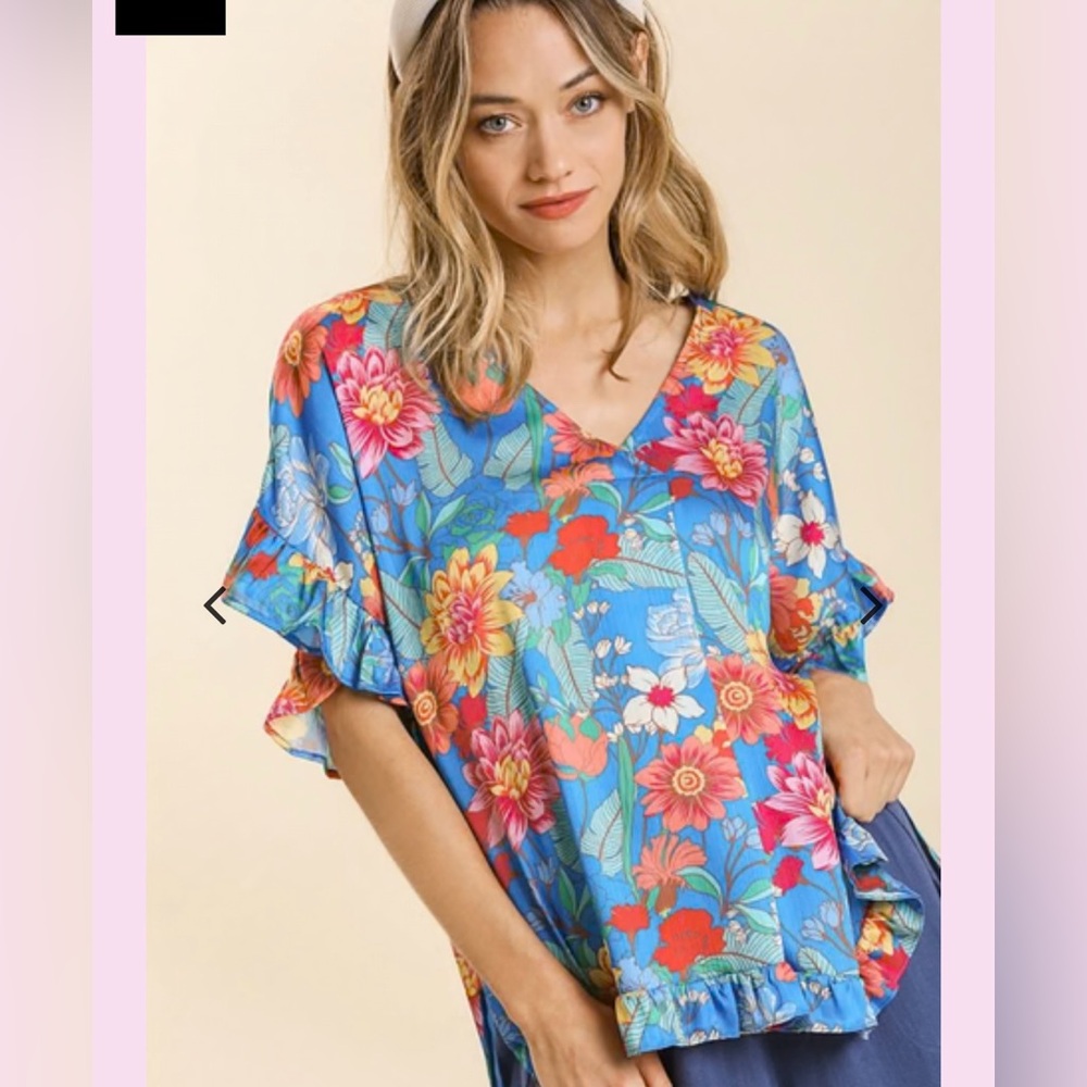 Umgee Susanne Satin Floral Blue Women's Ruffle Top Sz XL